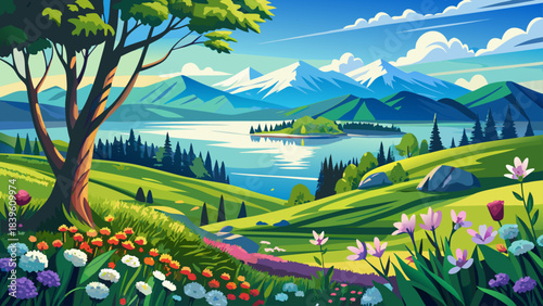 Very beautiful spring landscape overlooking Lake Champlain with fresh greenery, calm blue water, and distant Adirondack peaks under bright, clear skies, capturing the renewal and brightness of the sea