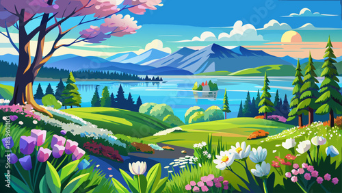 Very beautiful spring landscape overlooking Lake Champlain with fresh greenery, calm blue water, and distant Adirondack peaks under bright, clear skies, capturing the renewal and brightness of the sea