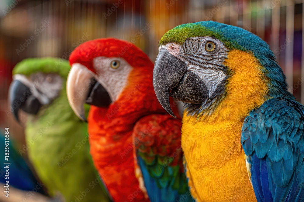 Obraz premium Vibrant Close-Up of Colorful Pet Birds in Cage, Sunlit Morning at the Pet Store