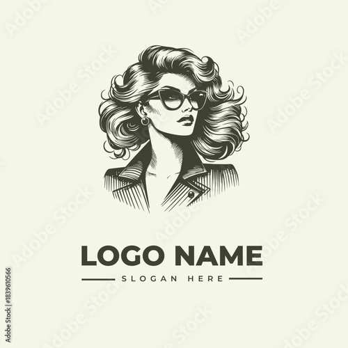 A striking vintage engraving vector illustration of an elegant woman with voluminous, curly hair and fashionable glasses. This logo artwork masterfully uses engraping techniques to create a detailed a