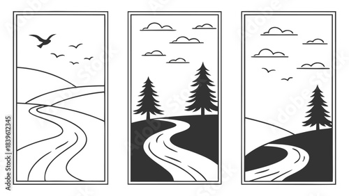 Vector illustration set of three minimalist landscape line art illustrations featuring a winding road, rolling hills, birds, and pine trees under cloudy skies
