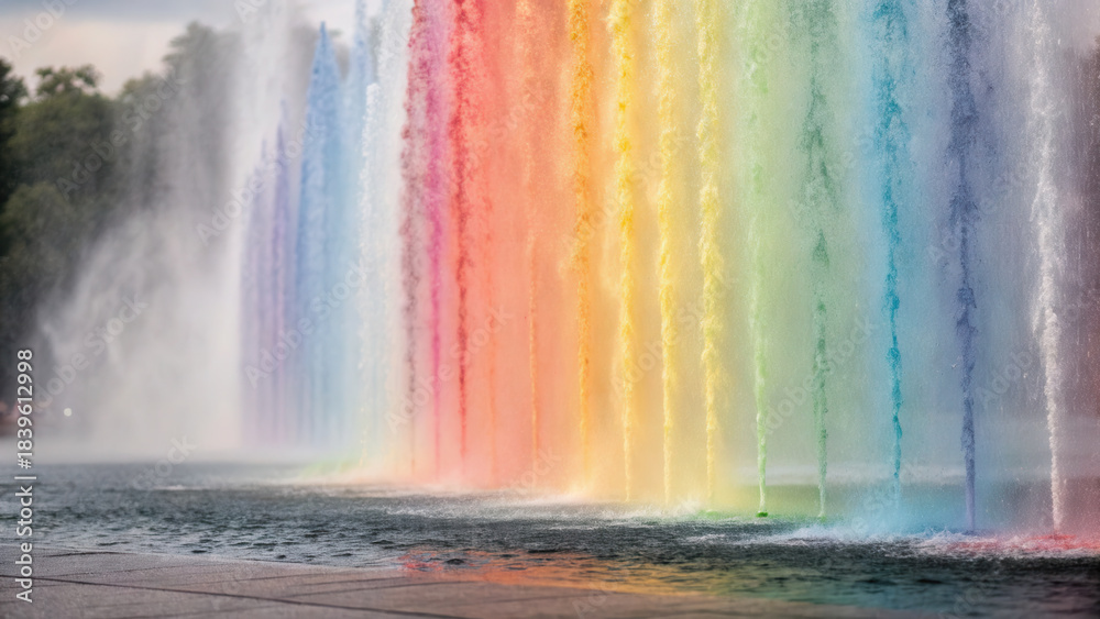 Naklejka premium Holi dynamic powder waves. Colorful water fountains create vibrant rainbow display in park setting