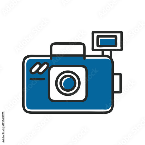 Digital camera illustration in flat design with blue accents  