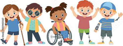 Cartoon children with disabilities illustration, inclusive diversity, joyful expression, prosthetic limbs, wheelchair, cane, vector graphic, accessibility, empowerment, friendship