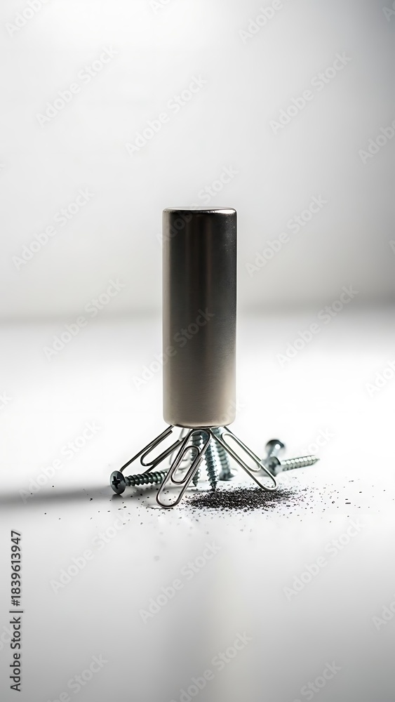 Obraz premium Magnetic metal cylinder tool attracting screws and clips on white surface still life product shot