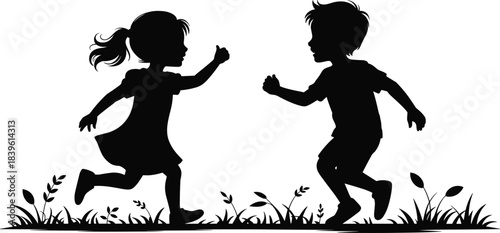 Silhouette children playing outdoors illustration, running pose, grassy field, joyful moment, black figures, nature, vector graphic, childhood, motion, fun