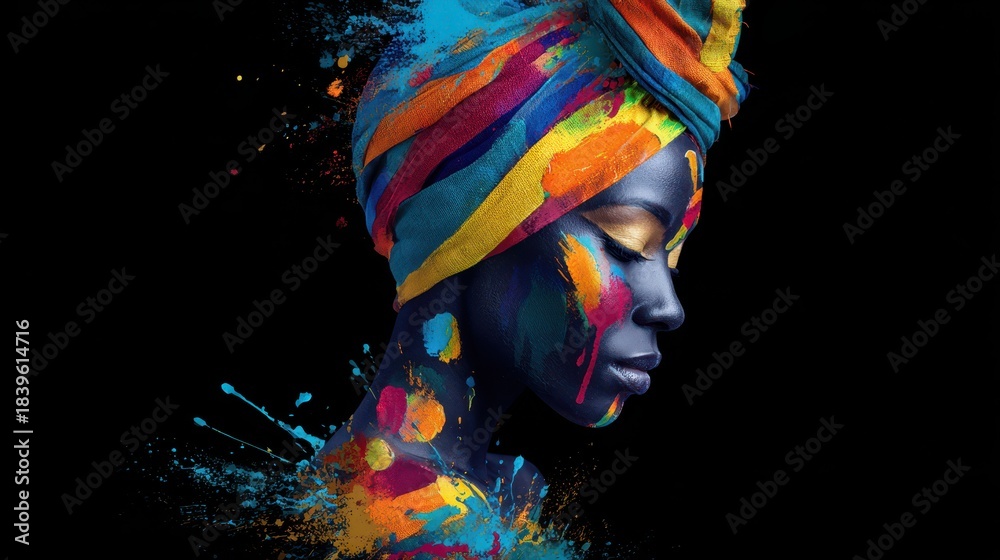 Obraz premium Vibrant Portrait of a Black Woman: Cultural Expression Through Modern Turban Art