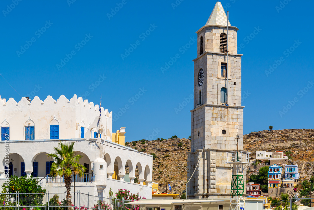 Fototapeta premium Bell Tower Church In Symi Greece. Summer Travel. Greek Vacation
