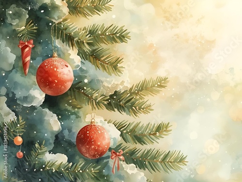 Hand painted watercolor christmas tree with red baubles. Minimalistic design for a christmas card, greetings, illustration, advertising, blogs, social media projects
