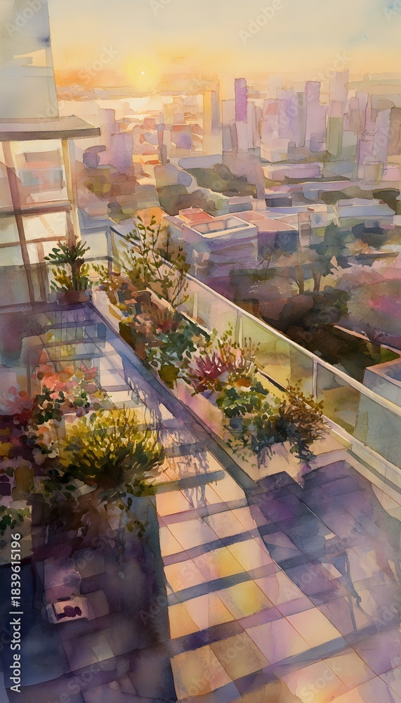 Obraz premium Serene rooftop garden sunset cityscape watercolor painting evokes peaceful airy reflections