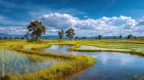 Sunlit Rice Field in Laos: Vibrant Agriculture Under a Clear Blue Sky