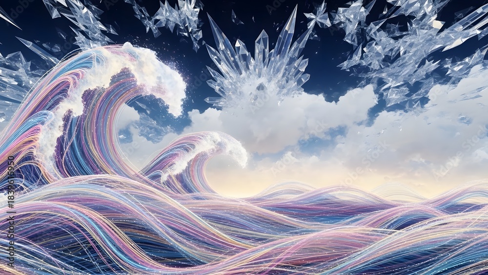 Fototapeta premium Abstract Colorful Waves Crashing Under Crystal Formations in a Dreamlike Sky