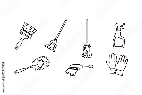 Hand drawn cleaning supplies and tools for housekeeping and tidying