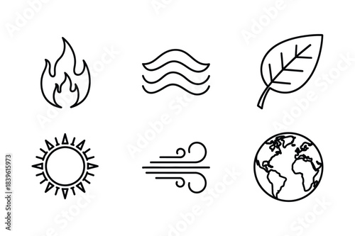 Six hand drawn icons representing the classical elements and nature