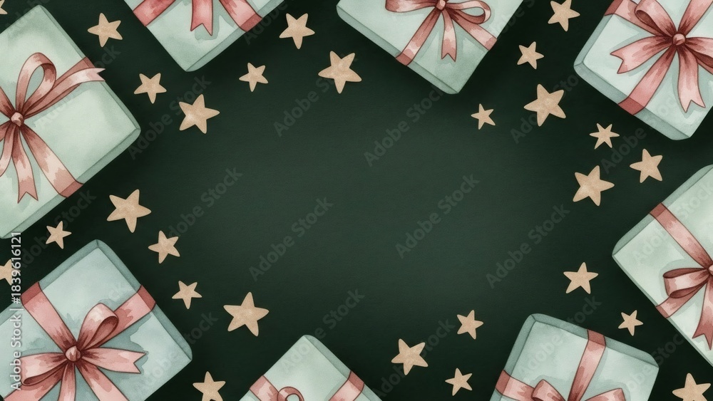 Fototapeta premium Festive watercolor gift box pattern with golden stars on a dark green background. Holiday celebration design for invitation or greeting card.