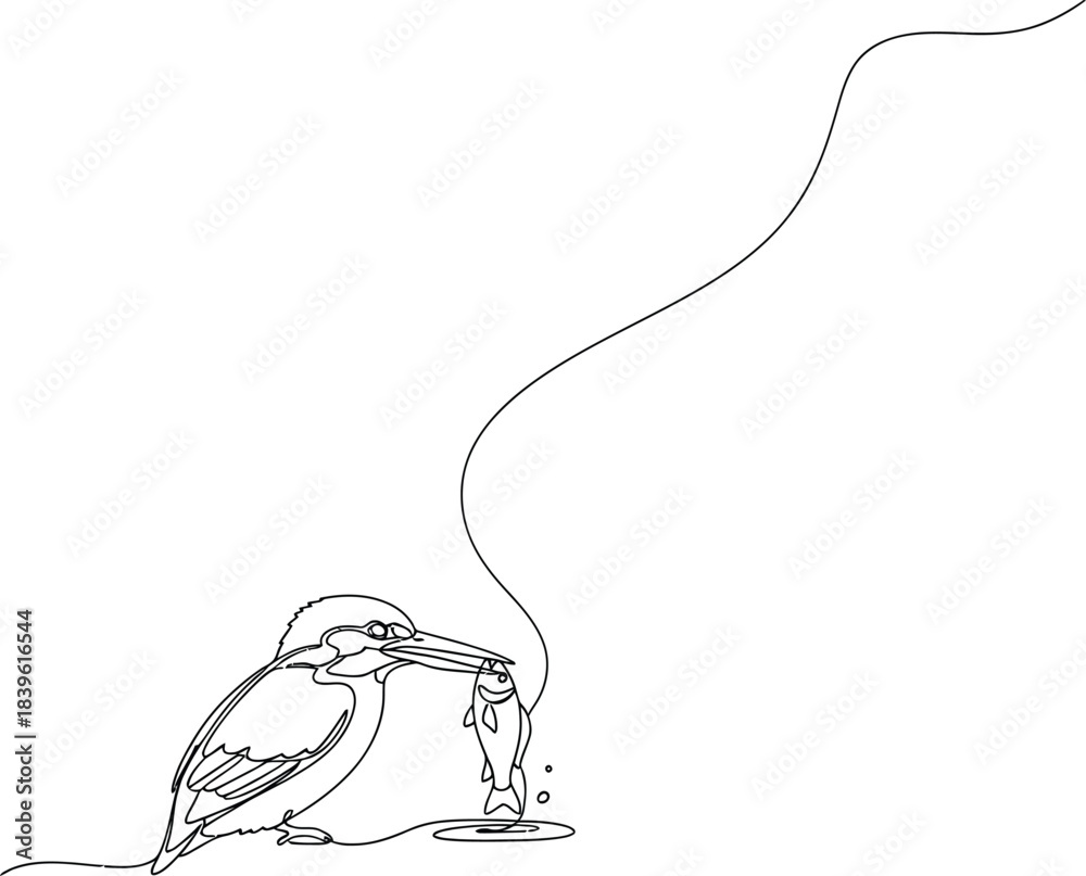 Obraz premium Kingfisher Catching Fish Line Art Wildlife Drawing
