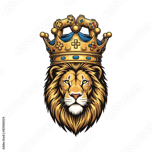 Lion wearing a black snapback cap backwards and gold chain, streetwear gaming mascot, white background
