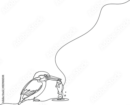 Kingfisher Catching Fish Line Art Wildlife Drawing