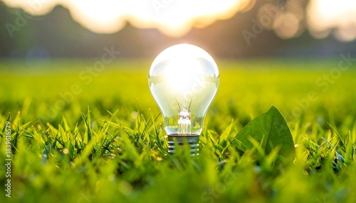 光を浴びた電球が草の上で輝く自然と調和した背景構図
