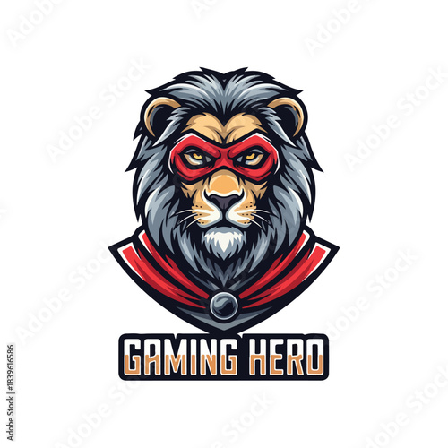Flaming lion skull with neon orange fire mane, hardcore gamer logo, white background