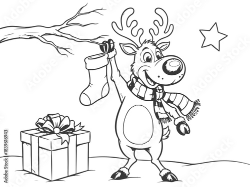 Cute Reindeer Holding Christmas Stocking Coloring Book Page for Kids Festive Holiday Fun