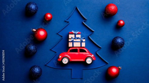 Red toy car delivers gift on blue background with Christmas decorations in a simple arrangement