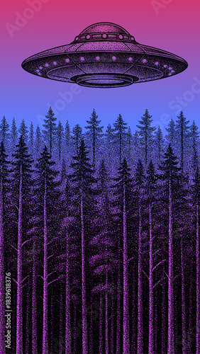 flying saucer above a dense forest, mysterious flying saucer retro illustration