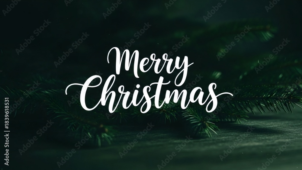 Obraz premium White merry Christmas text on dark green fir tree branches. Festive holiday greeting for season celebration and winter cards.