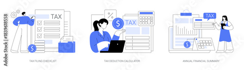 Tax Filing and Deduction Tools abstract concept vector illustrations.
