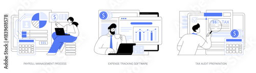 Payroll, Budgeting, Tax Prep abstract concept vector illustrations.