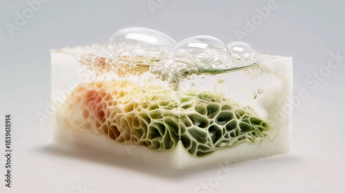 Piece of biomaterial with foaming texture and moss in a clear block