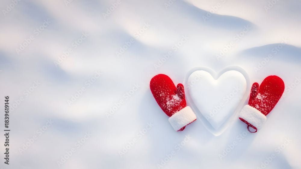 Fototapeta premium Festive holiday scene featuring red mittens and a heart-shaped cookie cutter against a snowy