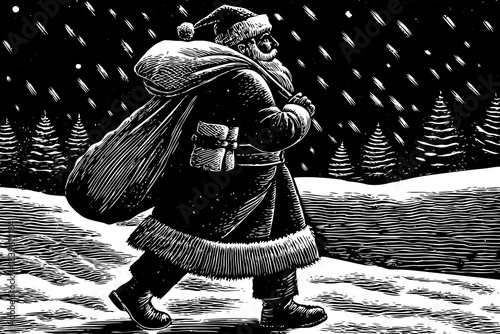 black and white silhouette of Santa Claus walking across a snowy field under soft winter light creates a mysterious cinematic Christmas atmosphere