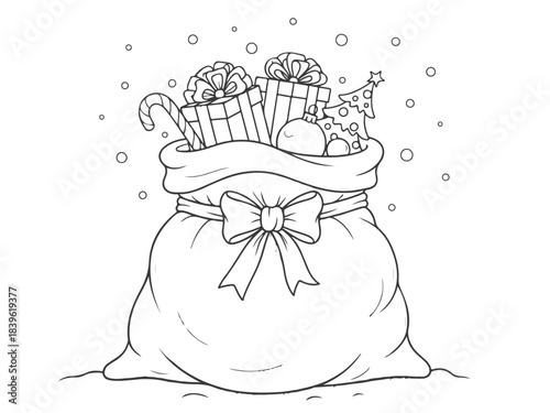 Christmas present bag coloring book page for kids, festive holiday season illustrations and line art