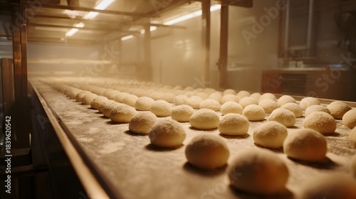 Bakery production line reveals fresh dough balls moving swiftly on a warm industrial conveyor