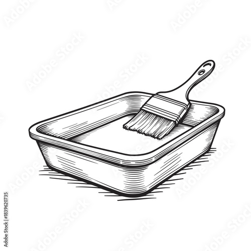 Paint tray with brush in line art style, home improvement and DIY tools for interior painting