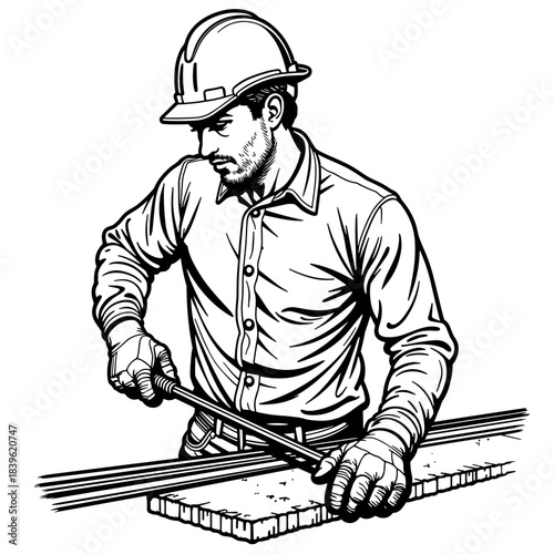 Construction worker bending rebar with handheld tool, structural engineering and precision metalwork