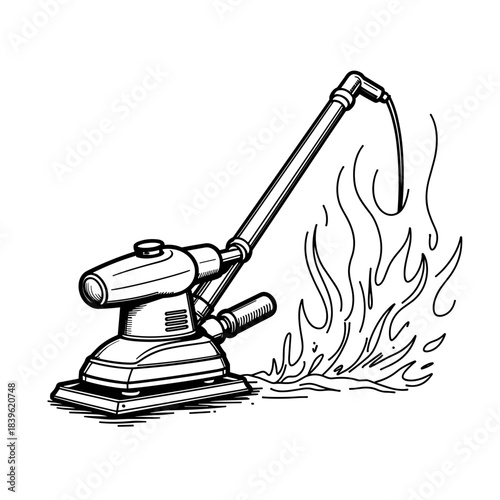 Dust extractor connected to power sander in line art, industrial tool and workshop equipment