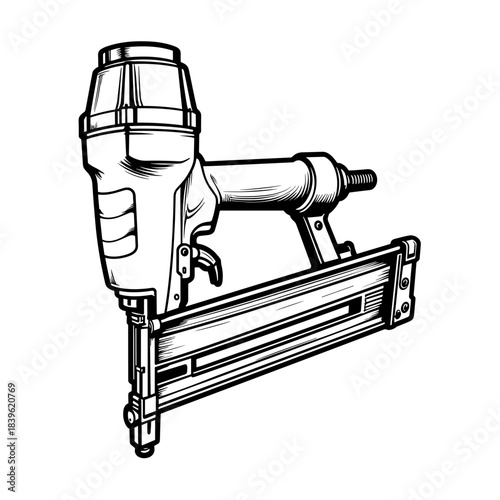 Line art of roofing nailer with air hose attachment, construction tools and precision machinery illustration