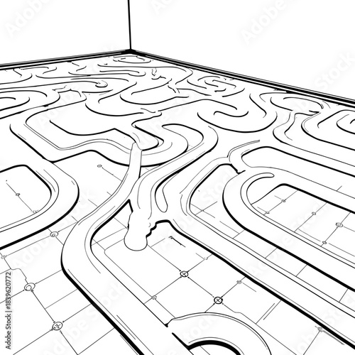 Underfloor heating pipes in spiral layout, energy efficiency and home heating solution