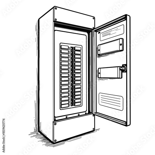 Electric breaker panel with open cover, energy distribution and safety in electrical engineering