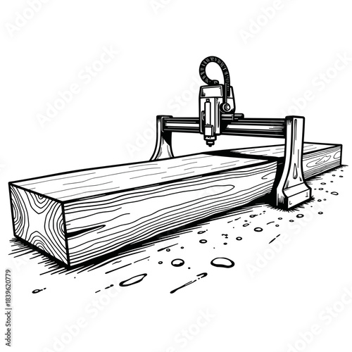 Power planer smoothing timber beam, woodworking and carpentry tool in detailed line art