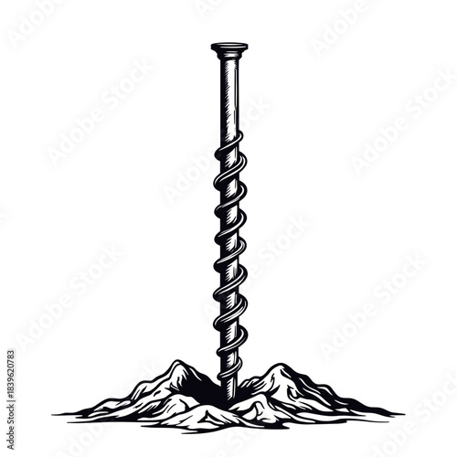 Screw pile foundation illustration on white background, construction engineering and structural design in building industry