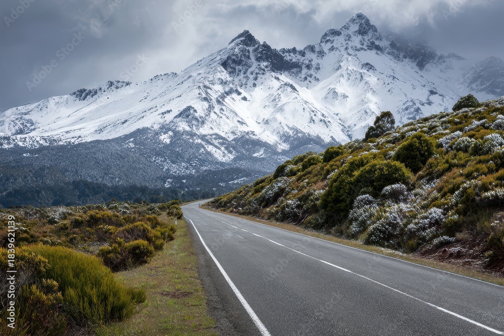 Naklejka premium Picturesque Route: Asphalt Road Meandering Through Lush Bushes Towards Majestic Snow-Capped Peaks