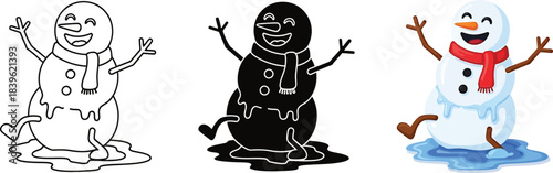 Happy melting snowman set with outline, solid black, and colorful cartoon vector illustrations showing winter ending joyfully Vector