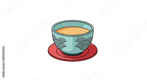A charming illustration of a teal teacup resting on a vibrant red saucer