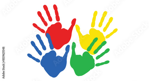 Colorful handprints in red yellow blue and green create a vibrant design