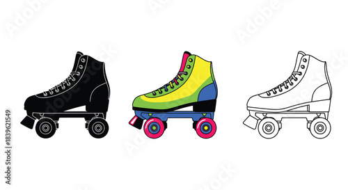 A colorful illustration featuring three different styles of quad roller skates