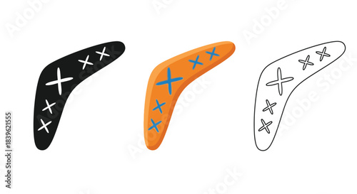 Three variations of a boomerang illustration in different color schemes