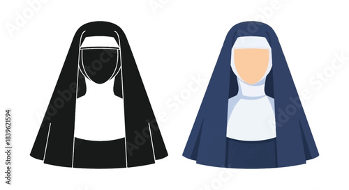 Two depictions of a nun in contrasting color schemes black and blue